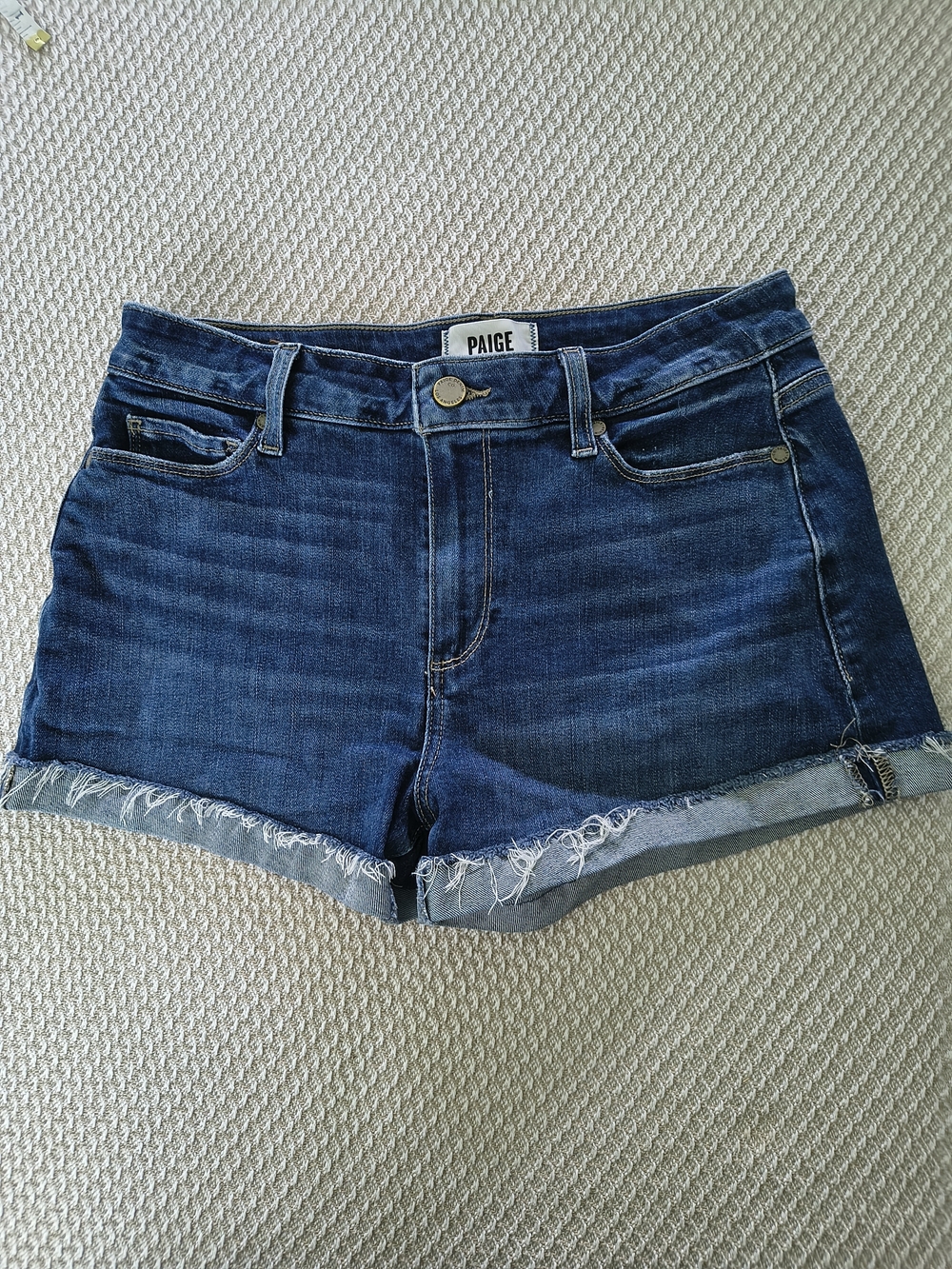 PAIGE Dark Blue Denim Cutoff Shorts
